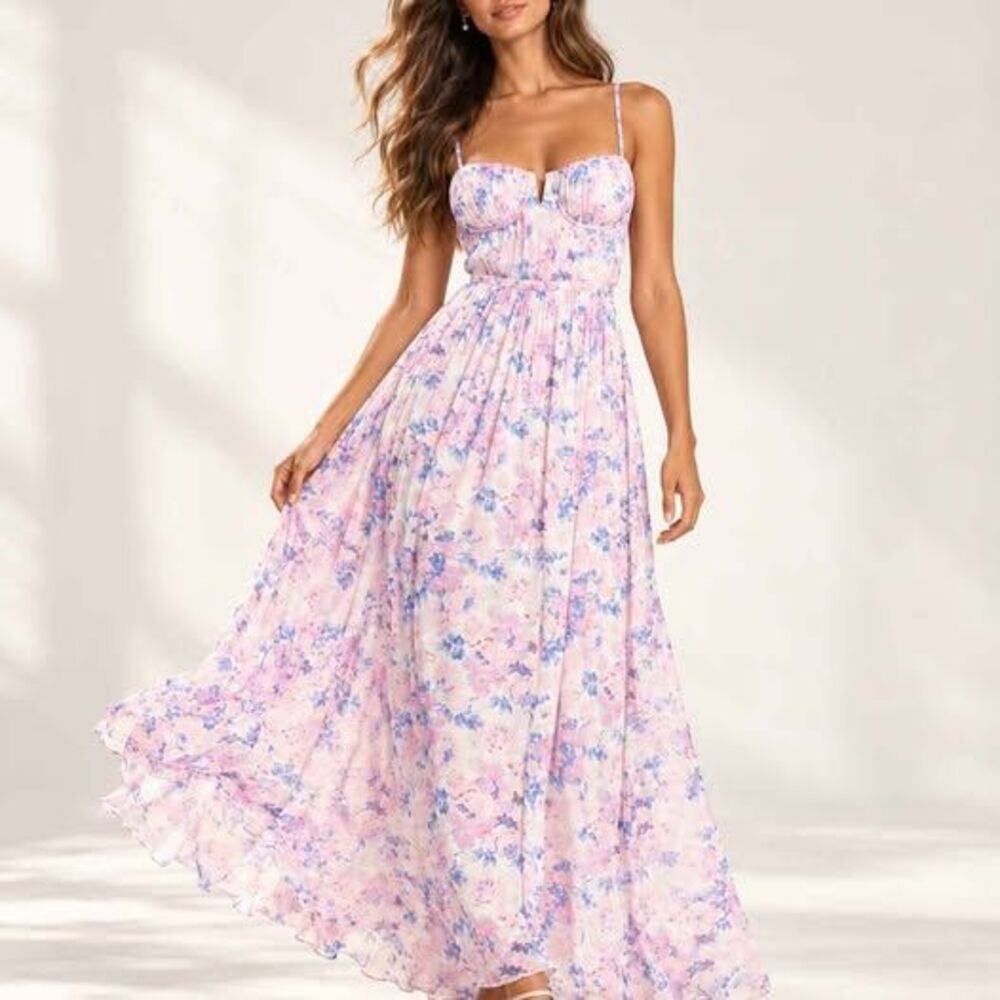 Lulu's Pink Floral Chiffon Bustier Maxi Dress Size M New
